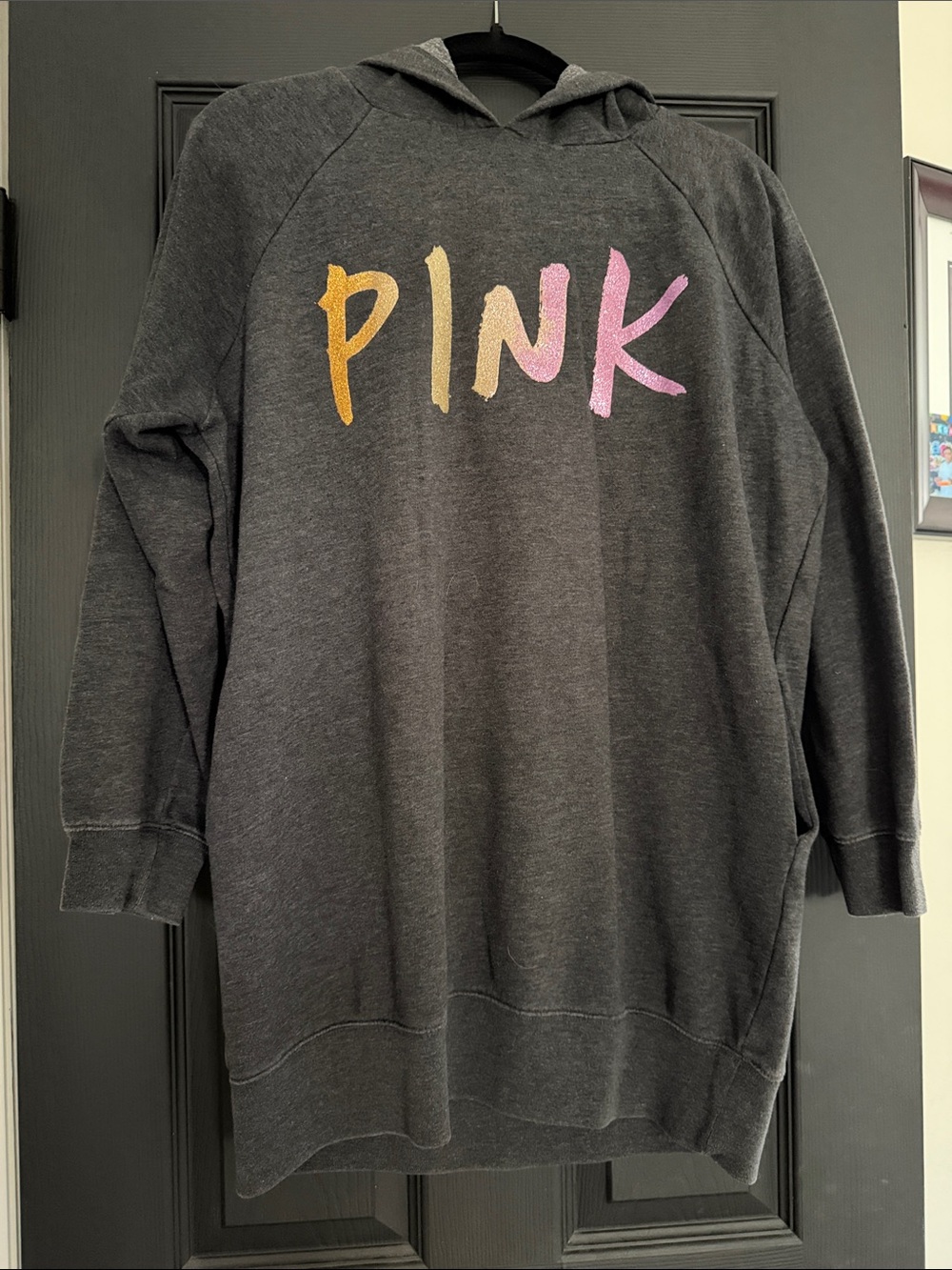 PINK Victoria's Secret Charcoal Hooded Sweatshirt with Ombre Logo